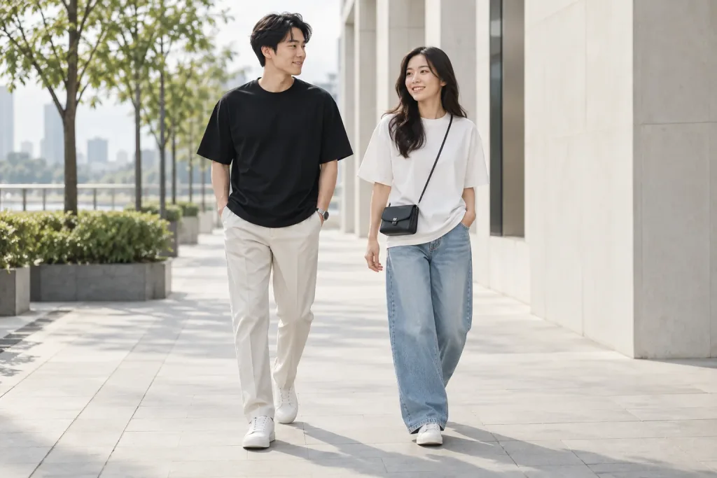 Nam nữ phối áo phông form rộng với quần dài và giày thể thao