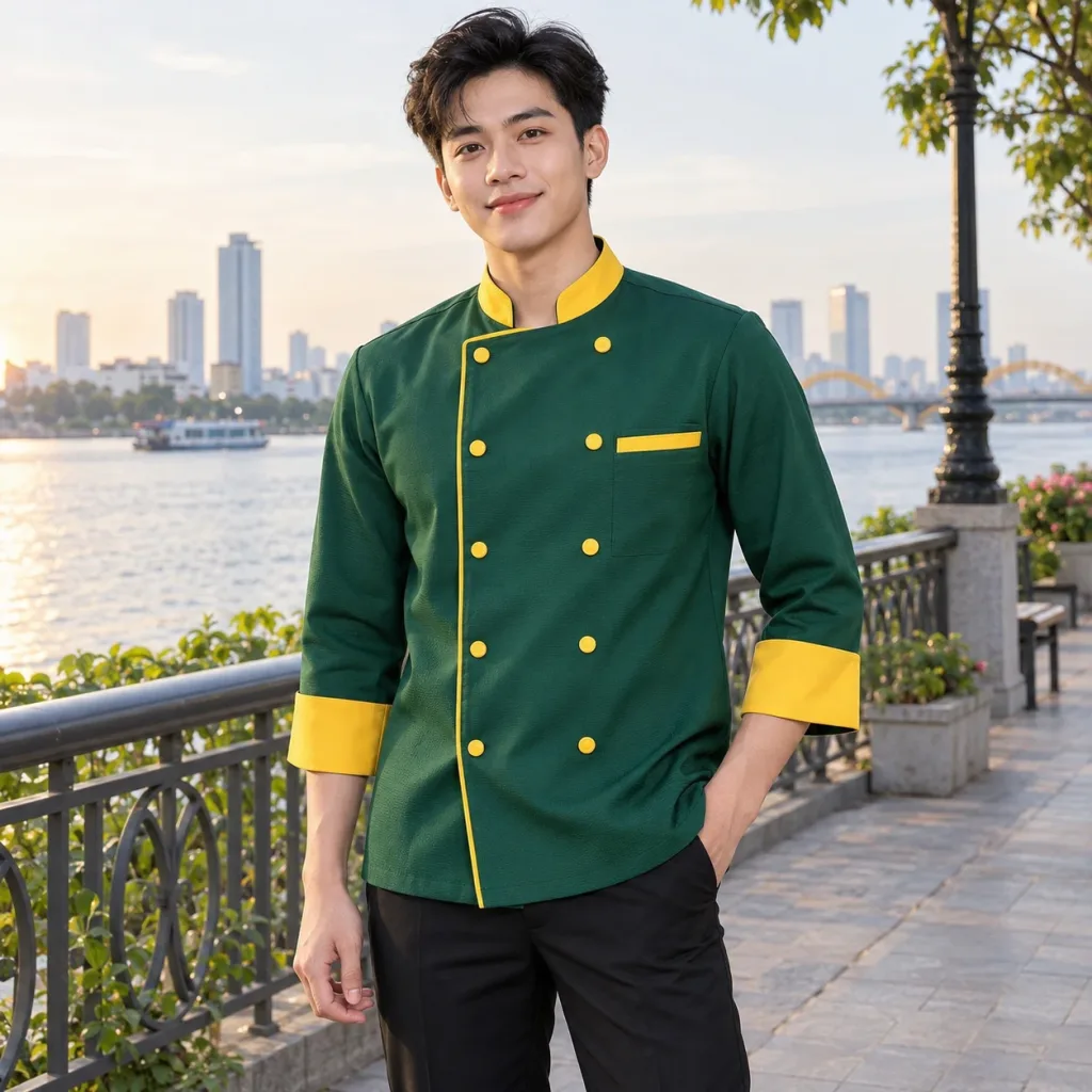 Áo Bếp Đồng Phục Vải Cá sấu poly Màu Xanh lá Thiết Kế Cao Cấp