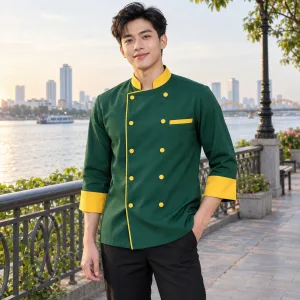 Áo Bếp Đồng Phục Vải Cá sấu poly Màu Xanh lá Thiết Kế Cao Cấp