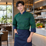 Áo Bếp Đồng Phục Vải Nỉ Màu Xanh lá Thiết Kế Tối Giản