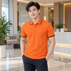 Áo Đồng Phục Văn Phòng Cam Bo Cổ Dệt Form Slim