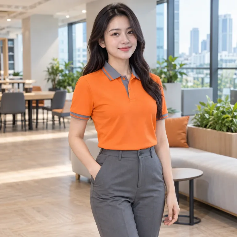 Áo Đồng Phục Văn Phòng Cho Nhân Viên Văn Phòng Màu Cam Bo Cổ Dệt