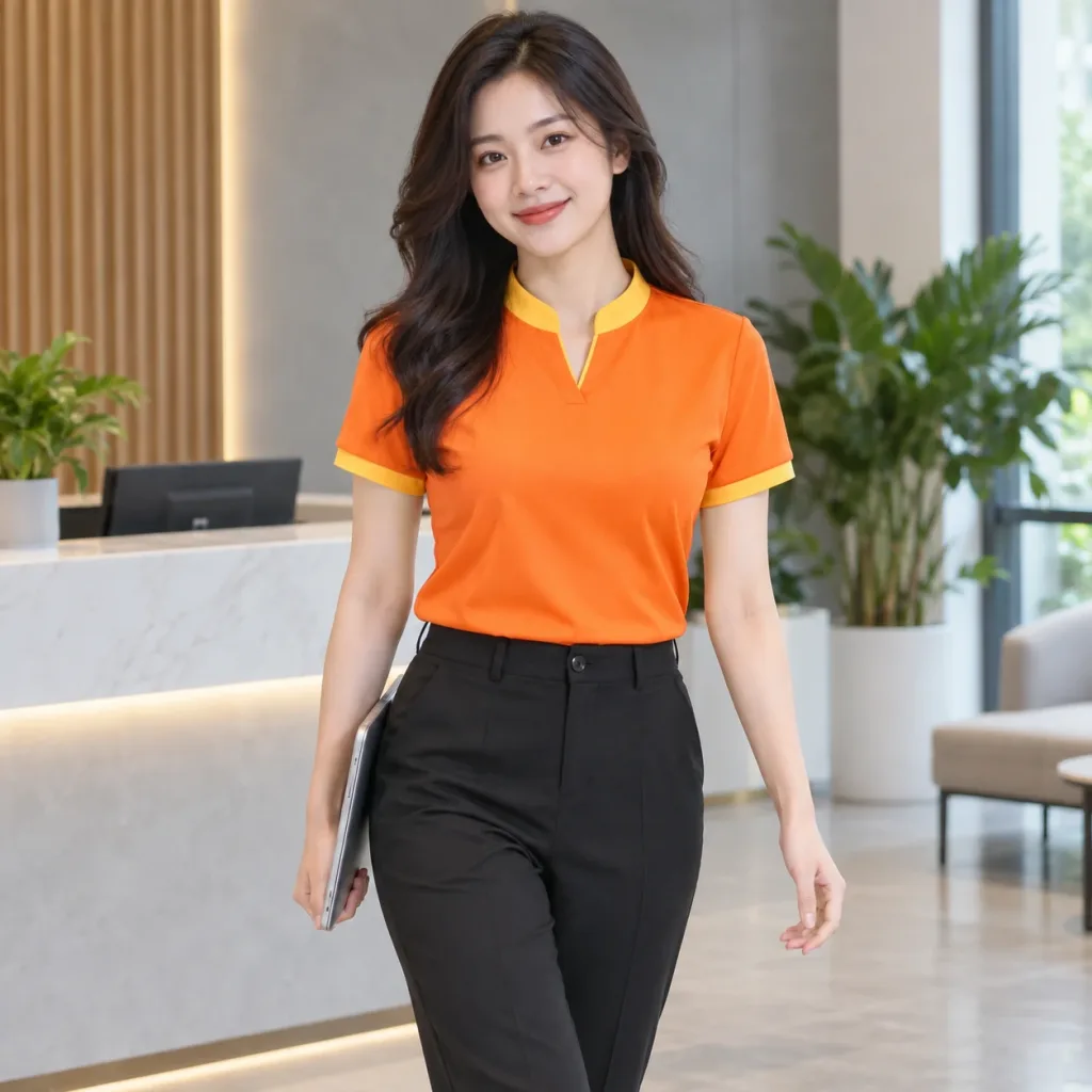Áo Đồng Phục Văn Phòng Vải Cotton Màu Cam Thiết Kế Năng Động