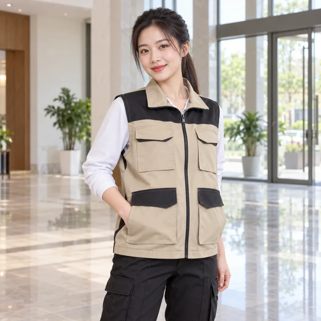 Áo Gile Bảo Hộ Be Phối Đen Vải Kaki thun