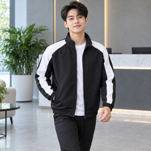 Áo Khoác Nhân Viên Đen Phối Trắng Vải Cotton