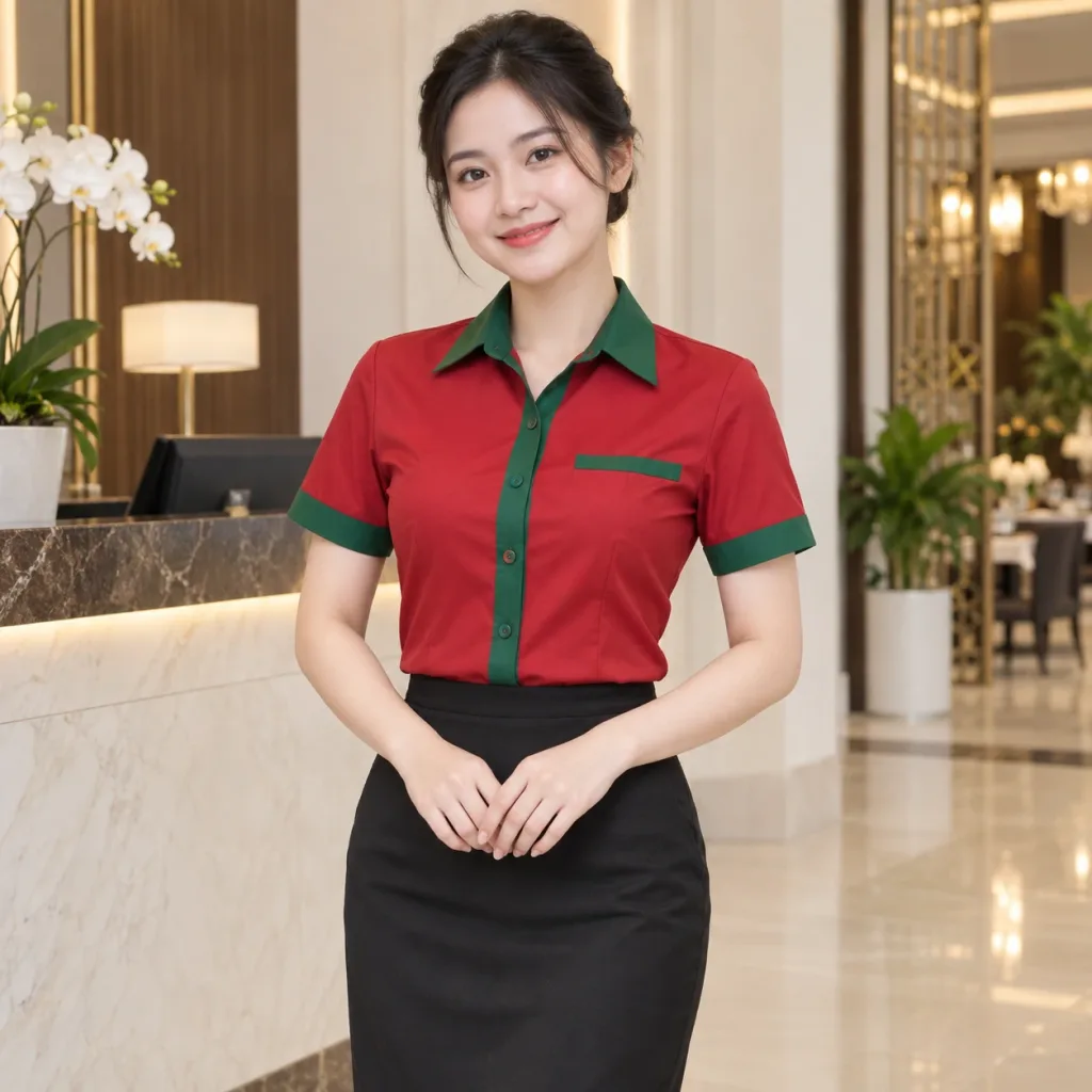Áo Nhân Viên Lễ Tân Vải Kaki Màu Đỏ Thiết Kế Hiện Đại