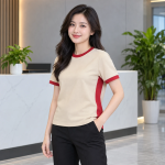 Áo Phông Doanh Nghiệp Cổ Tròn Be Phối Đỏ Vải Cá sấu cotton
