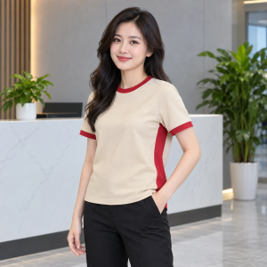 Áo Phông Doanh Nghiệp Cổ Tròn Be Phối Đỏ Vải Cá sấu cotton