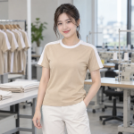 Áo Phông Doanh Nghiệp Cổ Tròn Be Phối Trắng Vải Kate Ford