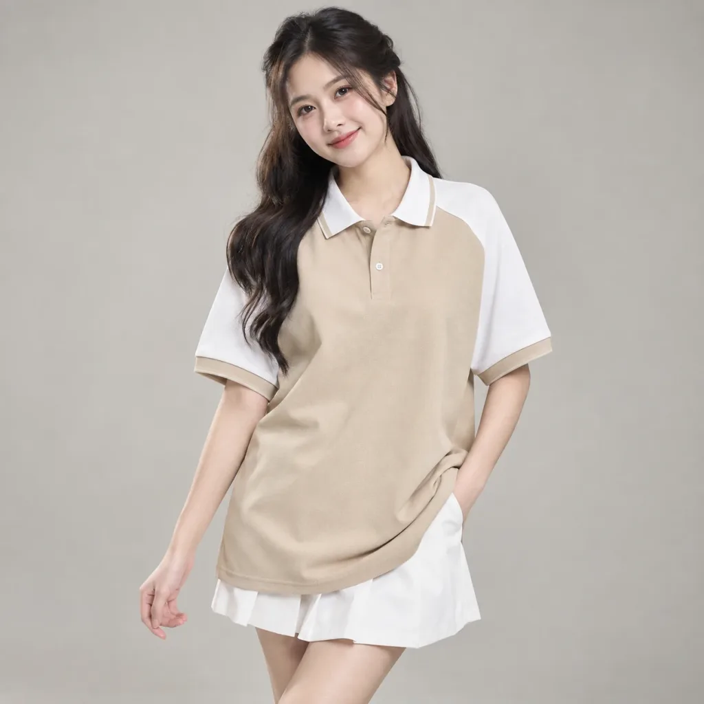 Áo Polo Lớp Oversize Be Phối Trắng Vải Cá sấu poly