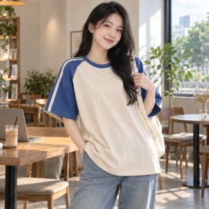 Áo Polo Lớp Oversize Be Phối Xanh dương Vải Kate Ý