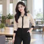 Áo Sơ Mi Doanh Nghiệp Nam Nữ Be Phối Đen Vải Kate Ý
