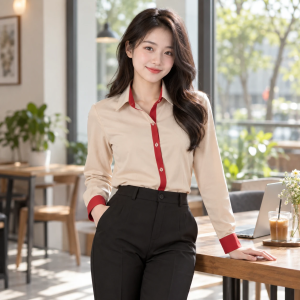 Áo Sơ Mi Doanh Nghiệp Nam Nữ Be Phối Đỏ Vải Cotton