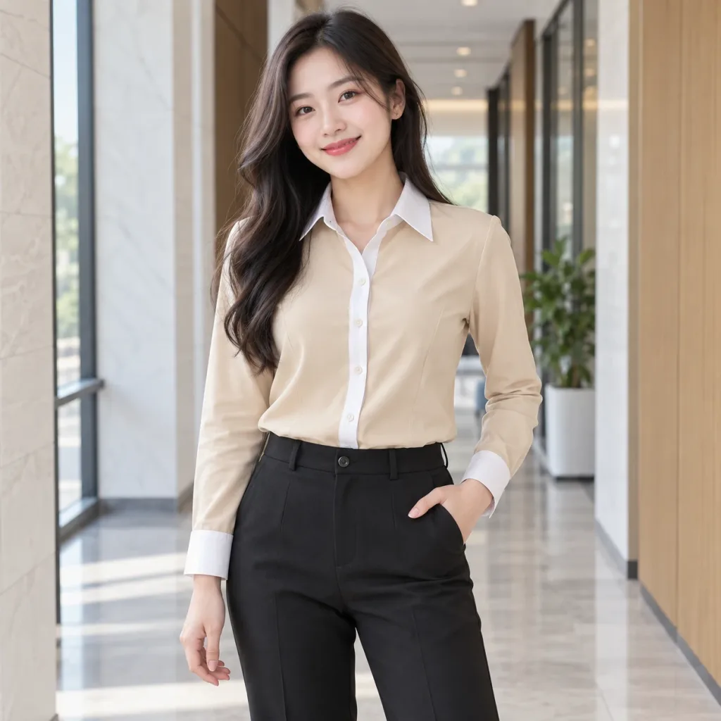 Áo Sơ Mi Doanh Nghiệp Nam Nữ Be Phối Trắng Vải Thun lạnh