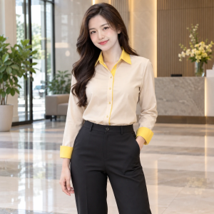 Áo Sơ Mi Doanh Nghiệp Nam Nữ Be Phối Vàng Vải Gió