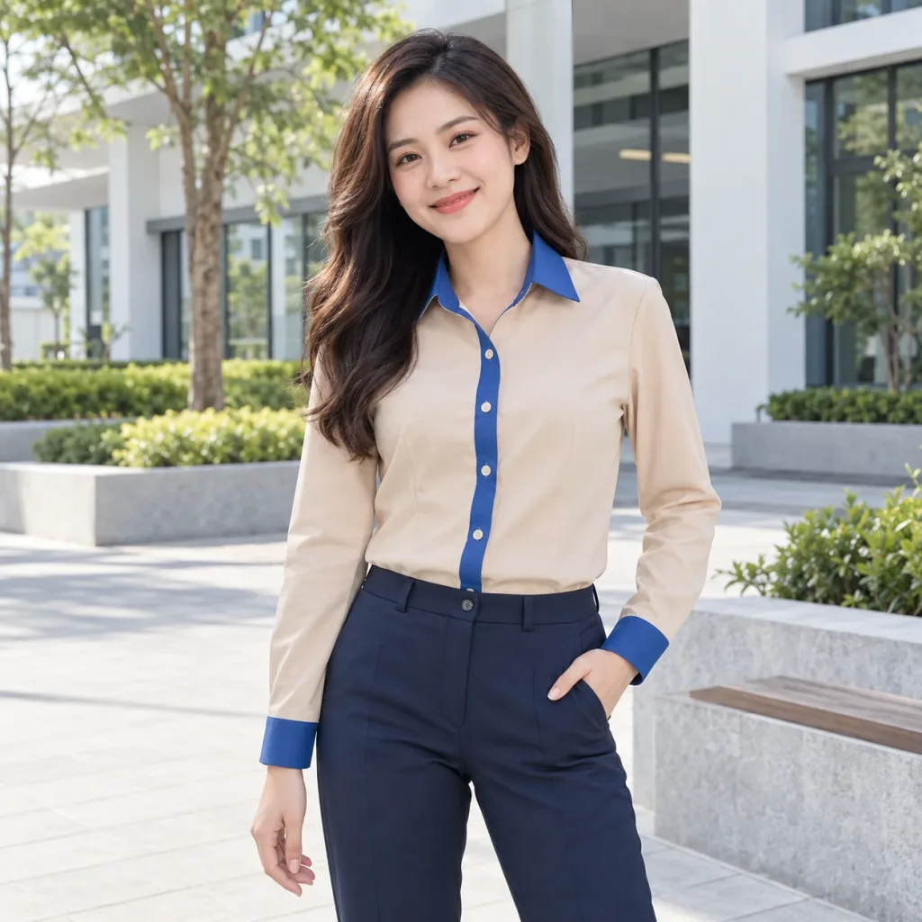 Áo Sơ Mi Doanh Nghiệp Nam Nữ Be Phối Xanh dương Vải Nỉ