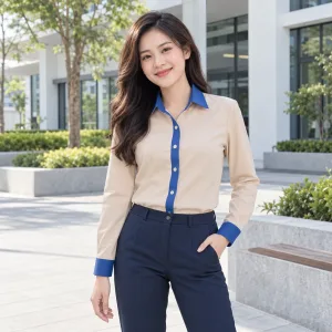 Áo Sơ Mi Doanh Nghiệp Nam Nữ Be Phối Xanh dương Vải Nỉ