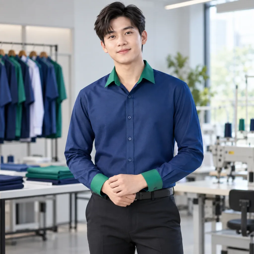 Áo Sơ Mi Đồng Phục Công Sở Vải Gió Màu Xanh lá Thiết Kế Tối Giản