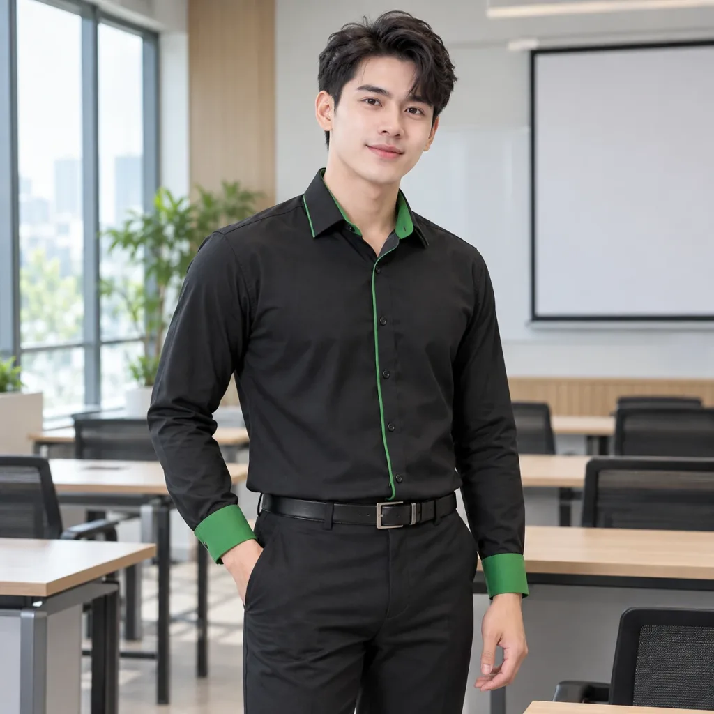 Áo Sơ Mi Đồng Phục Công Sở Xanh lá Phối Viền Form Unisex