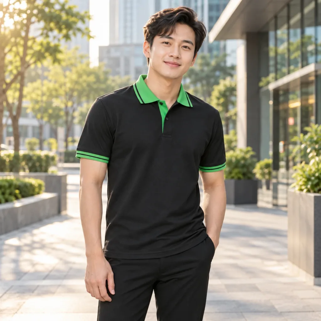 Áo Thun Doanh Nghiệp Đen Phối Xanh lá Vải Thun lạnh