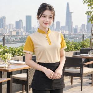 Áo Thun Nhân Viên Nhà Hàng Vàng Phối Be Vải Cá sấu poly