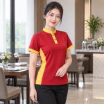 Áo Thun Nhân Viên Nhà Hàng Vàng Phối Đỏ Vải Nỉ