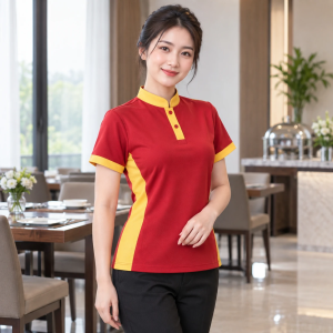 Áo Thun Nhân Viên Nhà Hàng Vàng Phối Đỏ Vải Nỉ