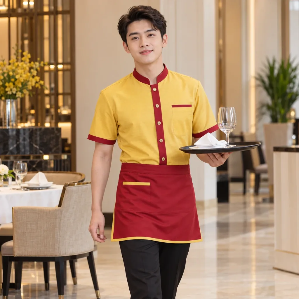 Bộ Đồng Phục Nhà Hàng Khách Sạn Vải Cotton 65/35 Màu Vàng Thiết Kế Thanh Lịch