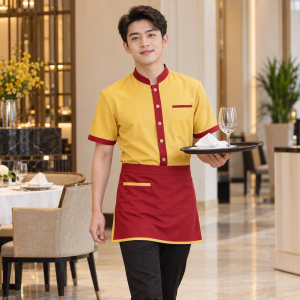 Bộ Đồng Phục Nhà Hàng Khách Sạn Vải Cotton 65/35 Màu Vàng Thiết Kế Thanh Lịch