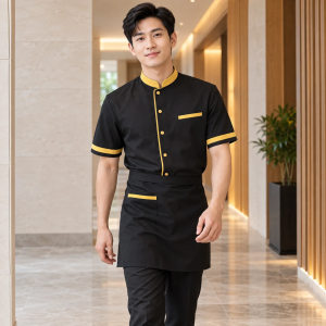 Bộ Đồng Phục Nhà Hàng Khách Sạn Vải Pangrim Màu Vàng Thiết Kế Tinh Gọn