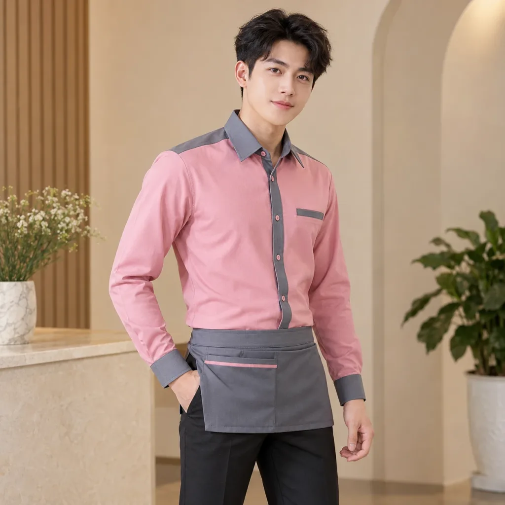 Bộ Đồng Phục Phục Vụ Thanh Lịch Hồng Phối Xám Vải Kaki