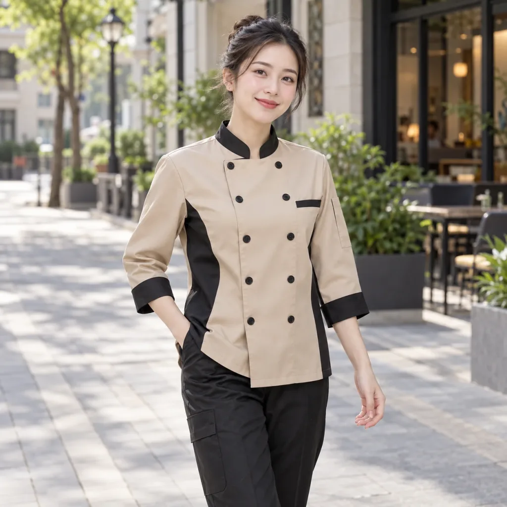 Đồng Phục Bếp Nhà Hàng Be Phối Đen Vải Gió