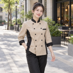 Đồng Phục Bếp Nhà Hàng Be Phối Đen Vải Gió