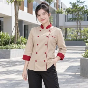 Đồng Phục Bếp Nhà Hàng Be Phối Đỏ Vải Kate Ý