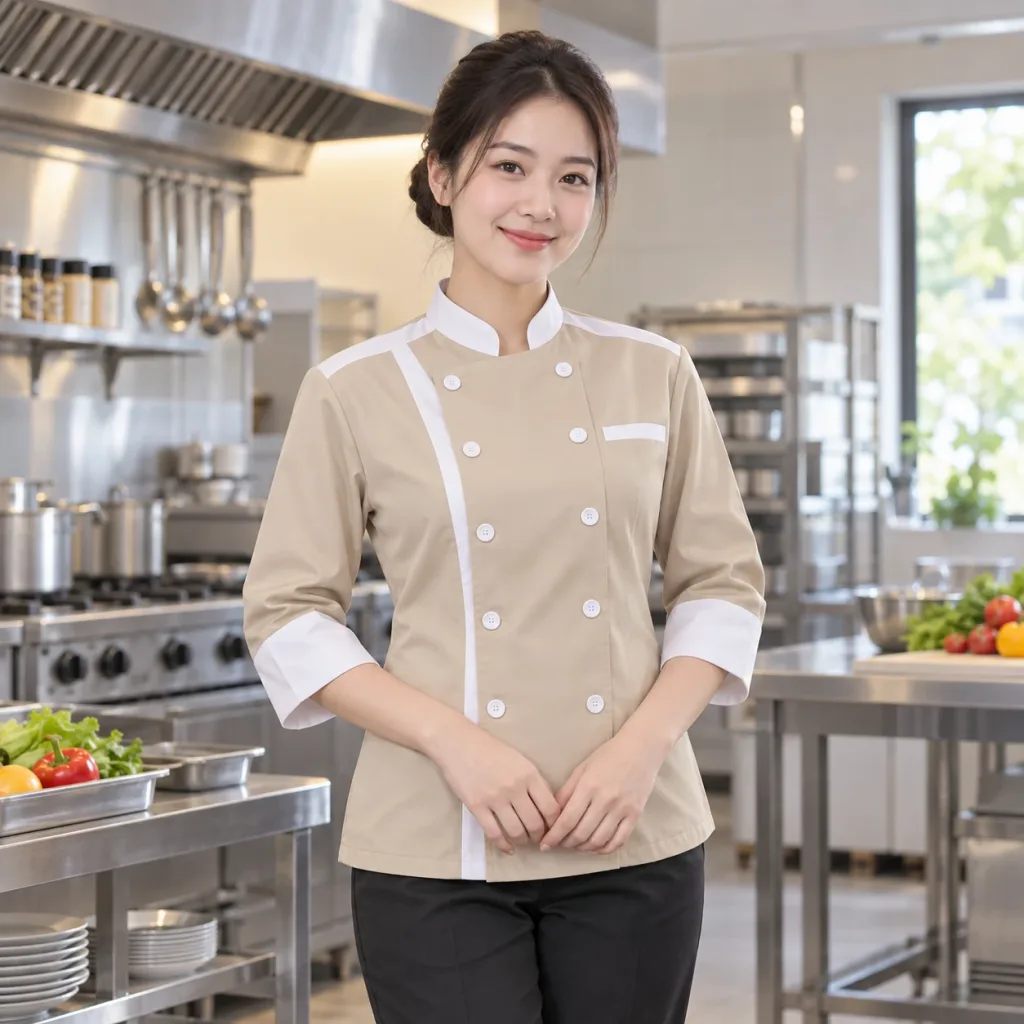 Đồng Phục Bếp Nhà Hàng Be Phối Trắng Vải Pangrim