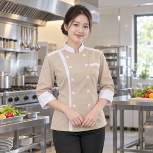 Đồng Phục Bếp Nhà Hàng Be Phối Trắng Vải Pangrim