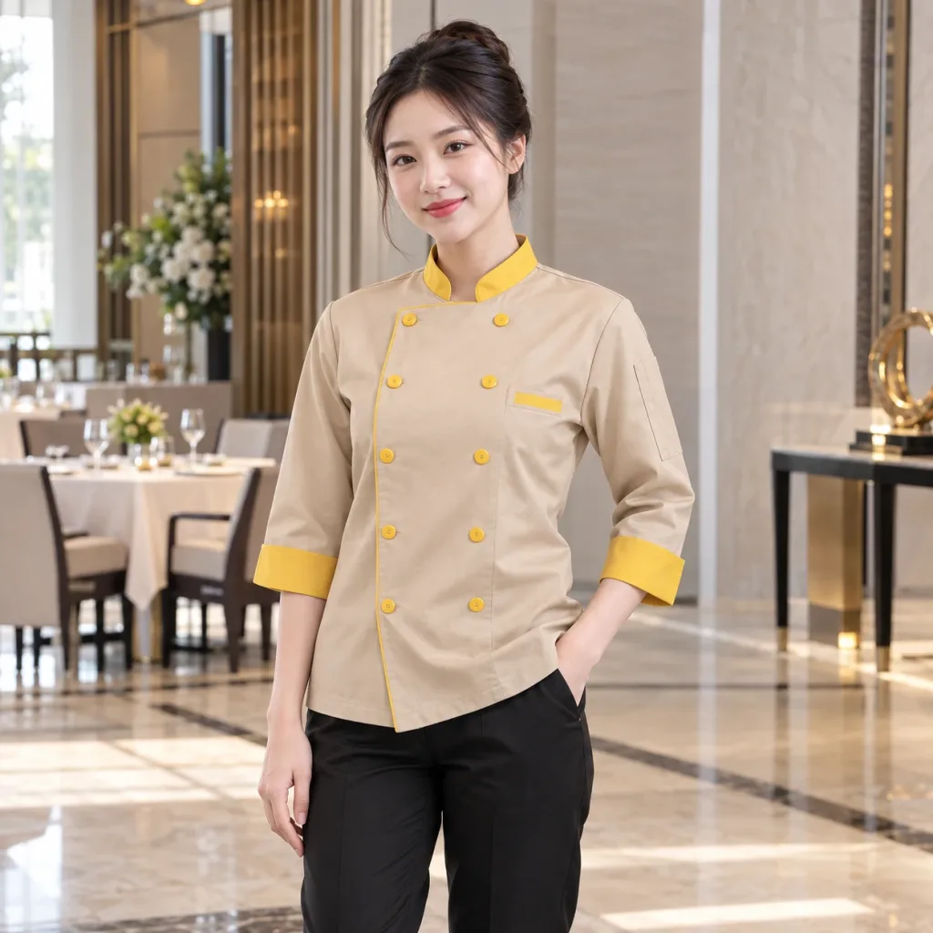 Đồng Phục Bếp Nhà Hàng Be Phối Vàng Vải Kaki