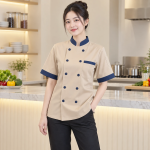 Đồng Phục Bếp Nhà Hàng Be Phối Xanh dương Vải Thun lạnh