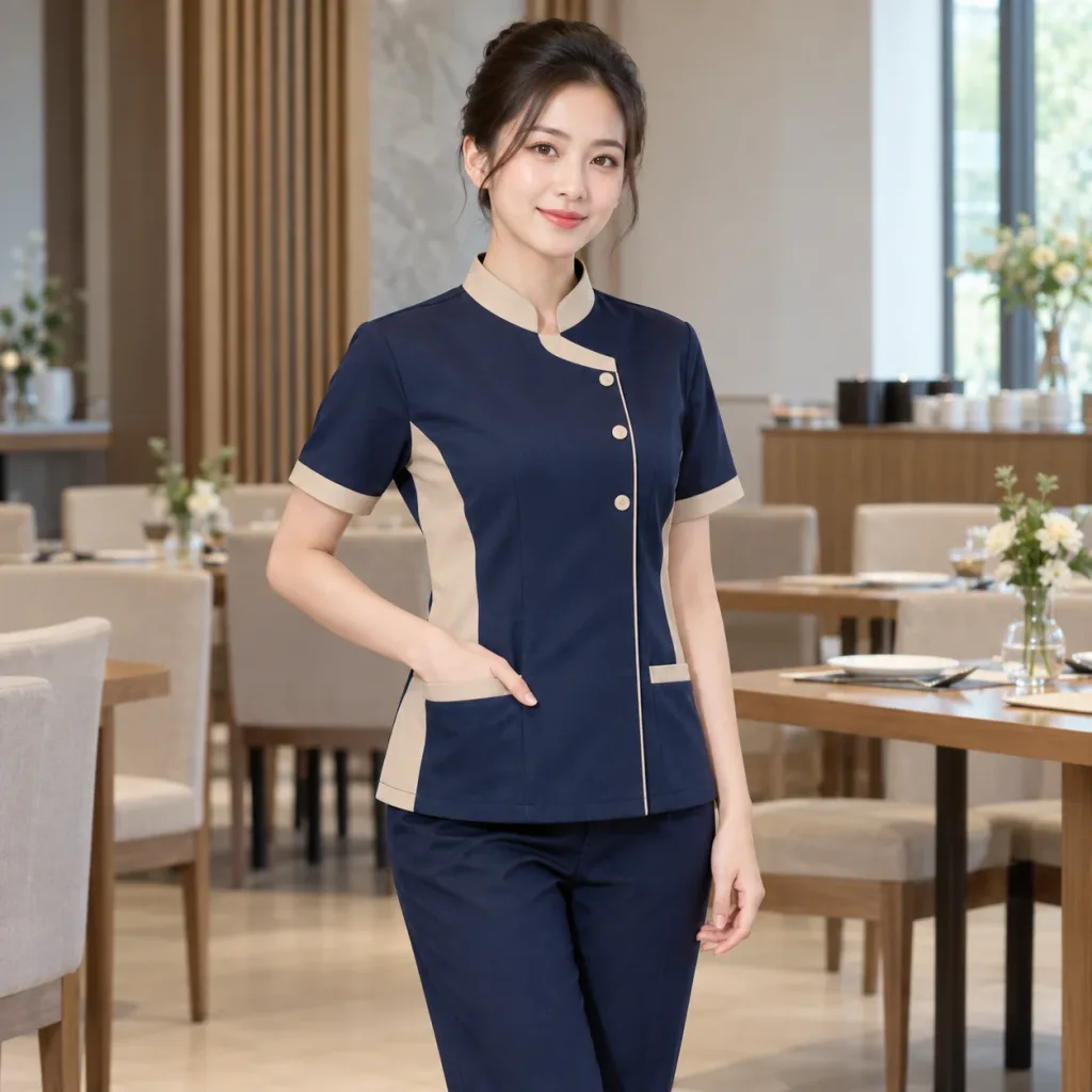 Đồng Phục Dịch Vụ Cao Cấp Xanh navy Phối Be Vải Nỉ