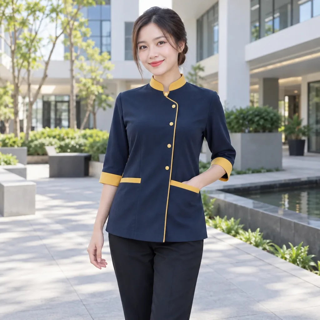 Đồng Phục Quản Lý Nhà Hàng Cao Cấp Phối Vàng Dáng Suông