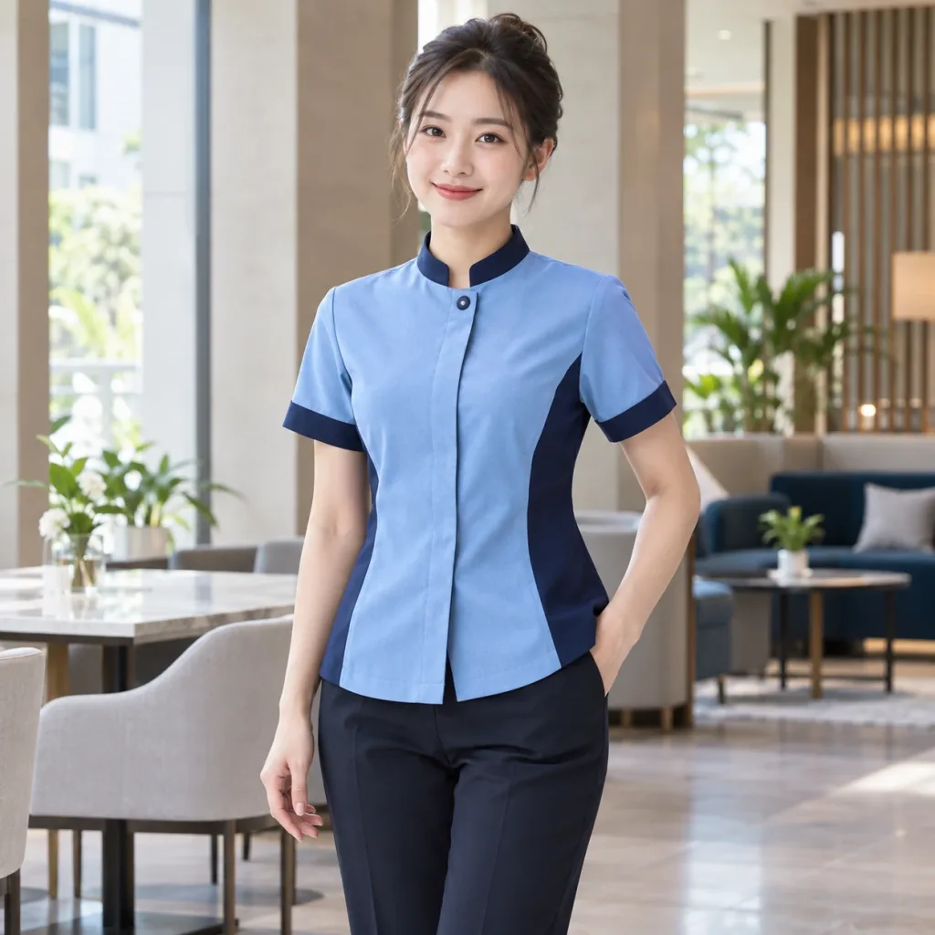 Đồng Phục Quản Lý Nhà Hàng Tối Giản Phối Xanh dương Dáng Suông