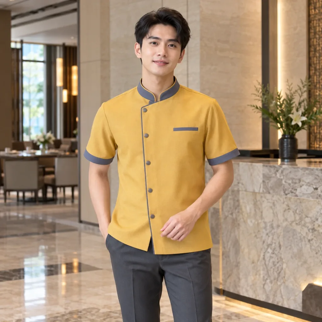 Đồng Phục Quản Lý Nhà Hàng Vàng Phối Cổ Form Suông
