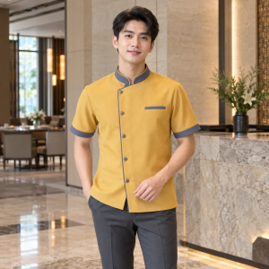 Đồng Phục Quản Lý Nhà Hàng Vàng Phối Cổ Form Suông
