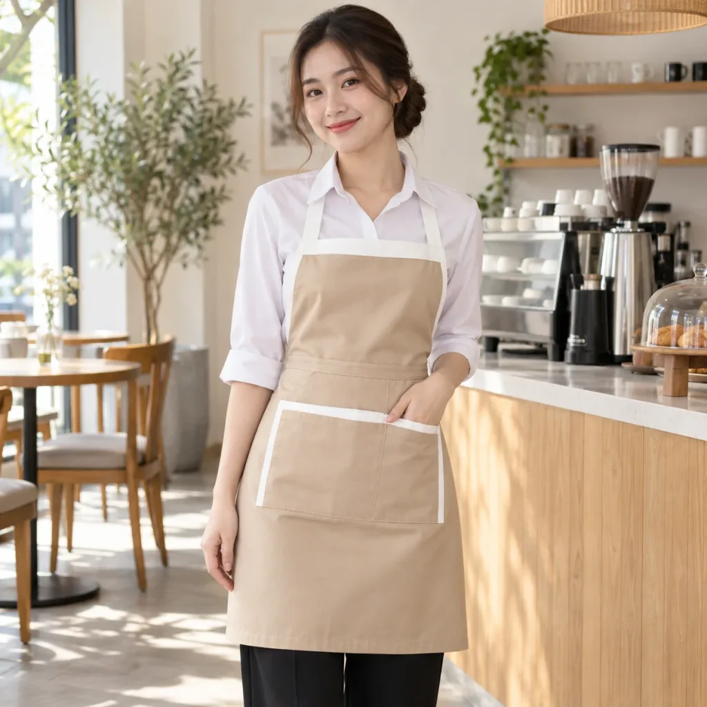 Tạp Dề Quán Cafe Be Phối Trắng Vải Cotton 65/35