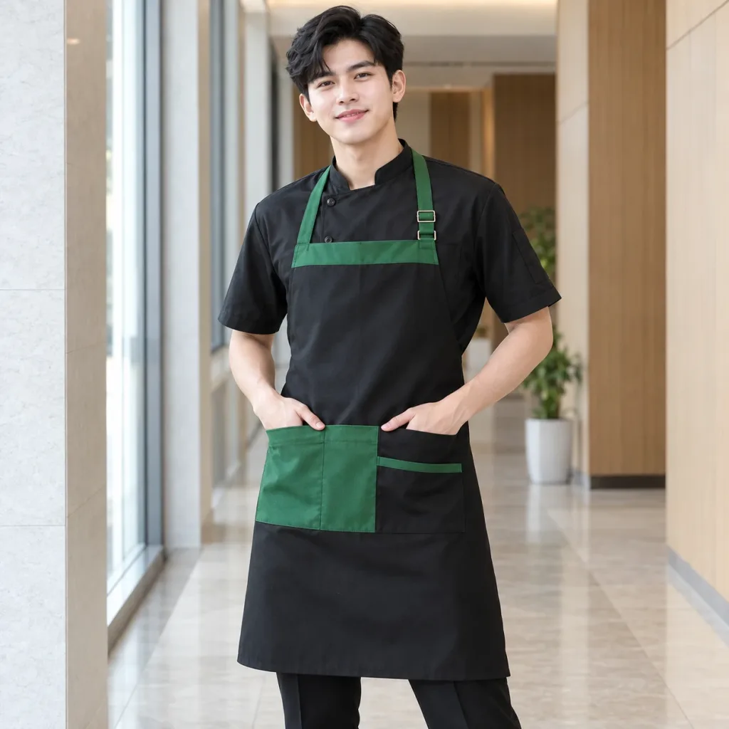 Tạp Dề Yếm Đồng Phục Cho Đầu Bếp Màu Xanh lá Túi Tiện Dụng