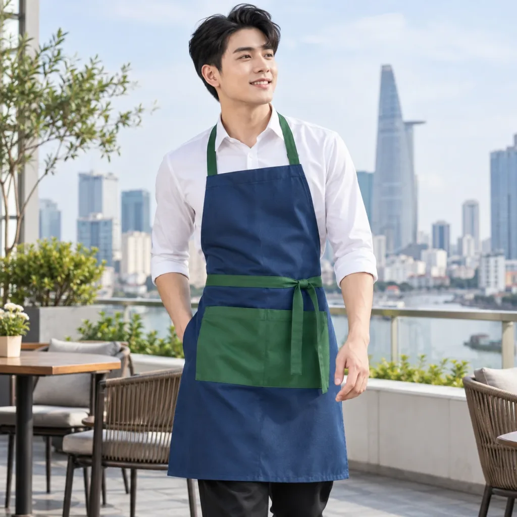 Tạp Dề Yếm Đồng Phục Vải Gió Màu Xanh lá Thiết Kế Tối Giản
