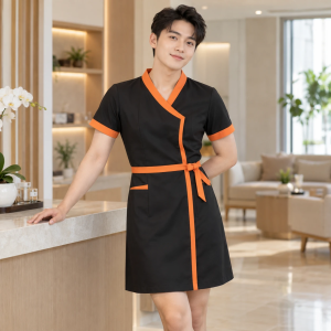Váy Đồng Phục Thẩm Mỹ Viện Đen Phối Cam Vải Kate Ý